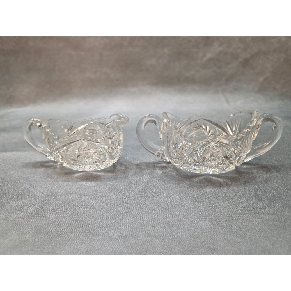 Vintage Cut Glass Creamer and Sugar Bowl Set Pinwheel Starburst Pattern Clear